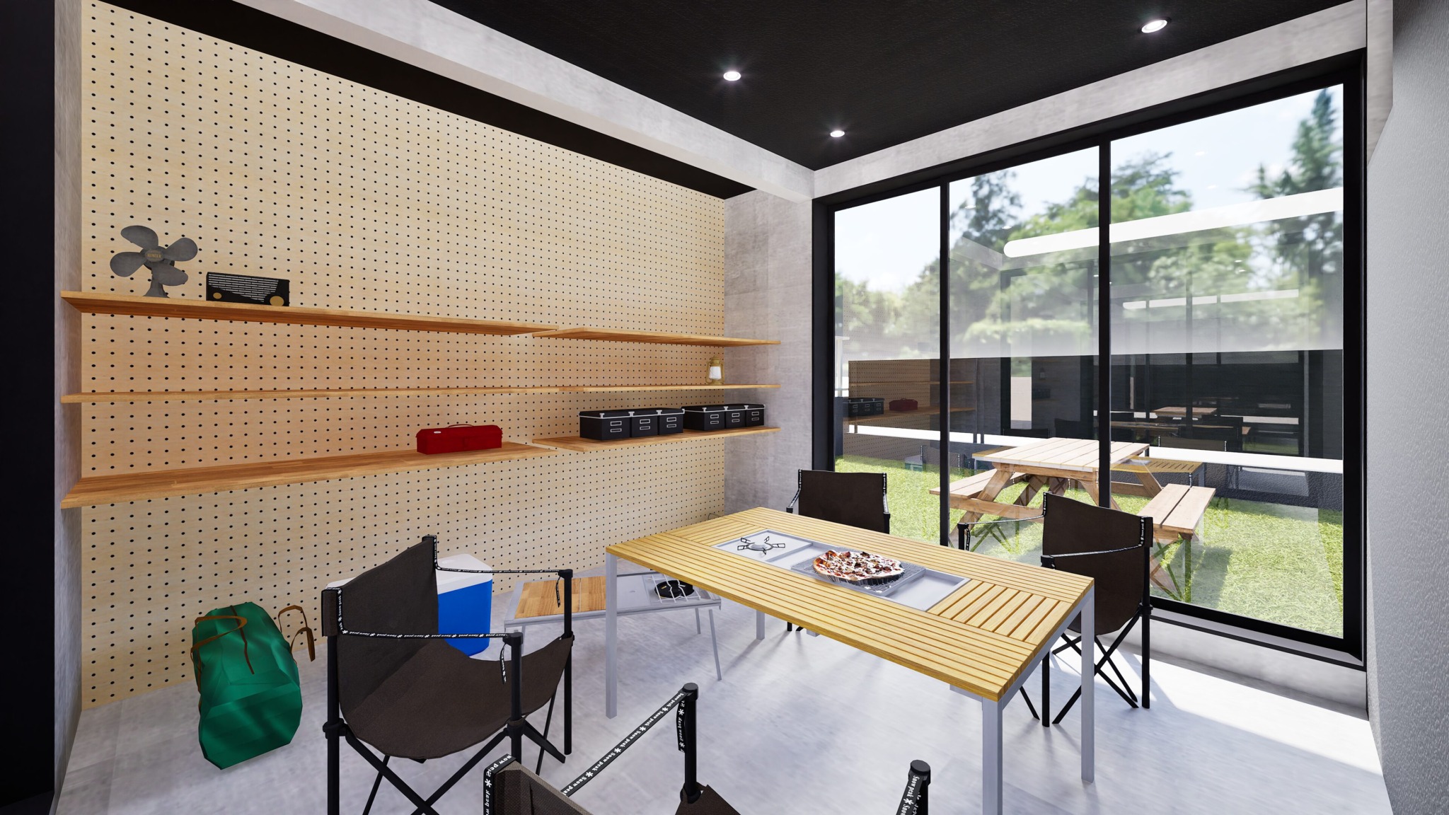 悪天候でも室内でバーベキューなど、多趣味に使えるスペース